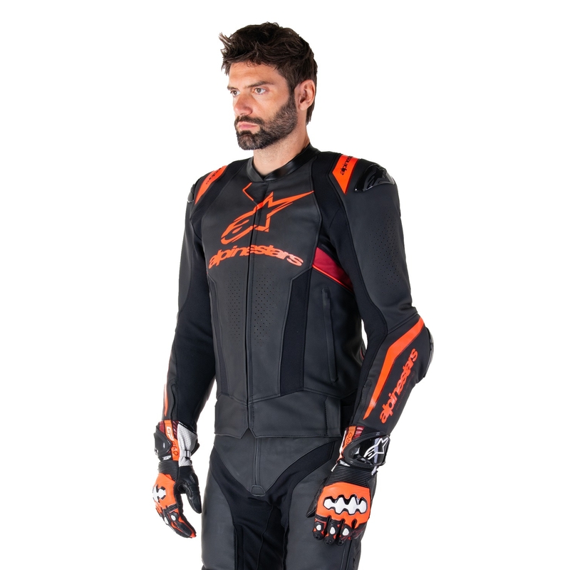 Chaqueta de moto de cuero Alpinestars Missile 3 Ignition negro-rojo fluo-rojo oscuro