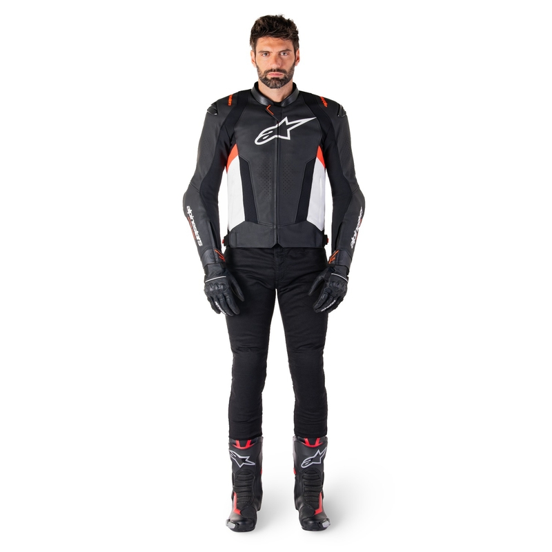 Chaqueta de moto de cuero Alpinestars Missile 3 negro-blanco-rojo fluo