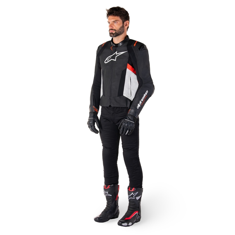 Chaqueta de moto de cuero Alpinestars Missile 3 negro-blanco-rojo fluo