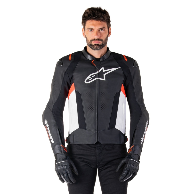 Chaqueta de moto de cuero Alpinestars Missile 3 negro-blanco-rojo fluo