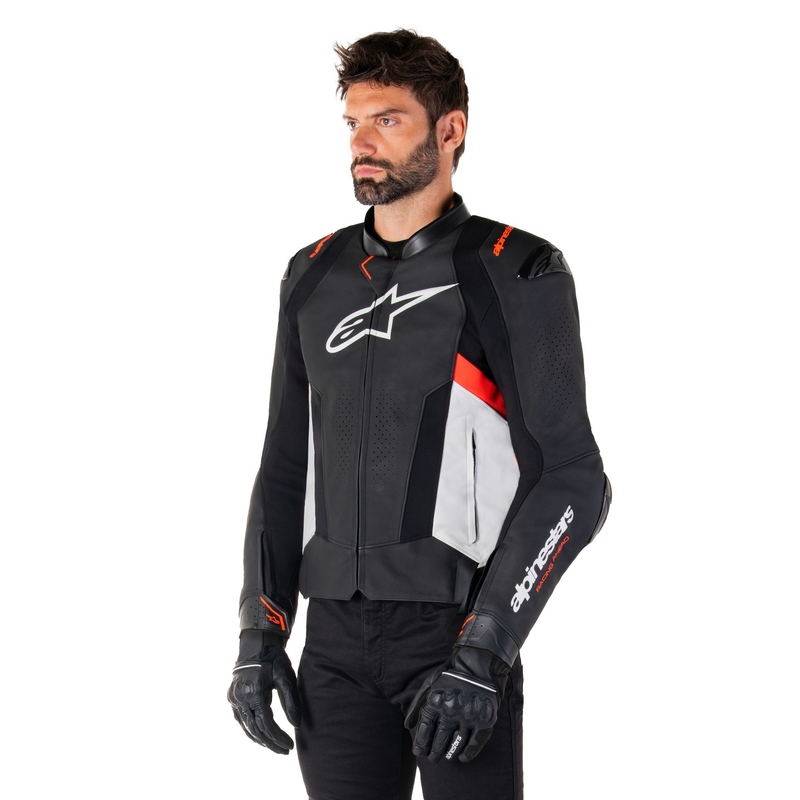 Chaqueta de moto de cuero Alpinestars Missile 3 negro-blanco-rojo fluo