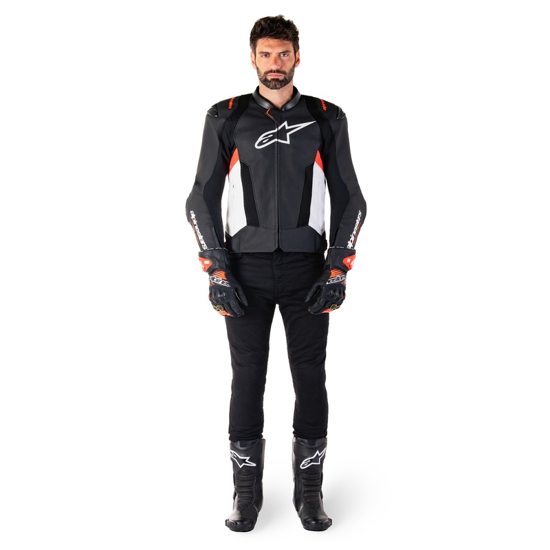Chaqueta de moto de cuero Alpinestars Missile 3 Airflow negro-blanco-rojo fluo