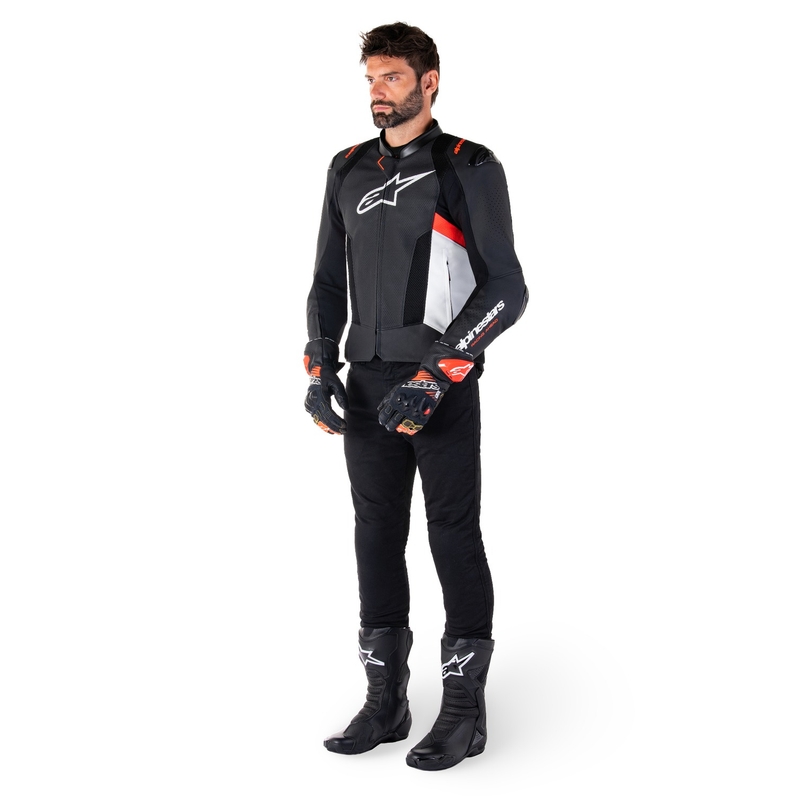 Chaqueta de moto de cuero Alpinestars Missile 3 Airflow negro-blanco-rojo fluo