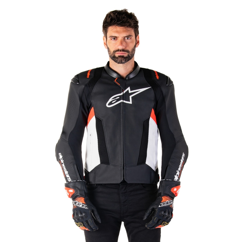 Chaqueta de moto de cuero Alpinestars Missile 3 Airflow negro-blanco-rojo fluo