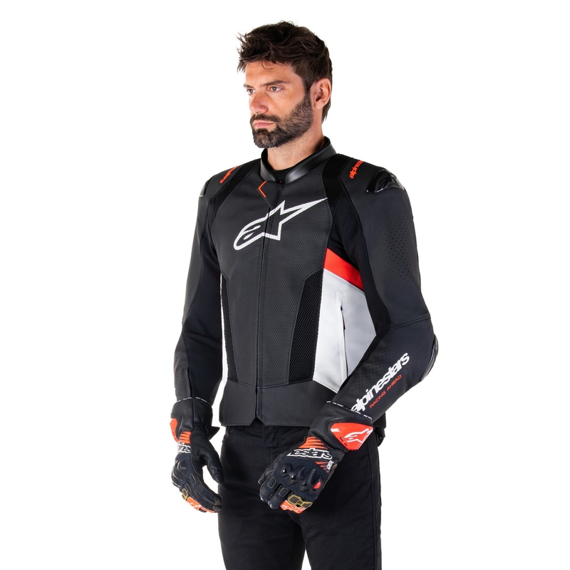 Chaqueta de moto de cuero Alpinestars Missile 3 Airflow negro-blanco-rojo fluo