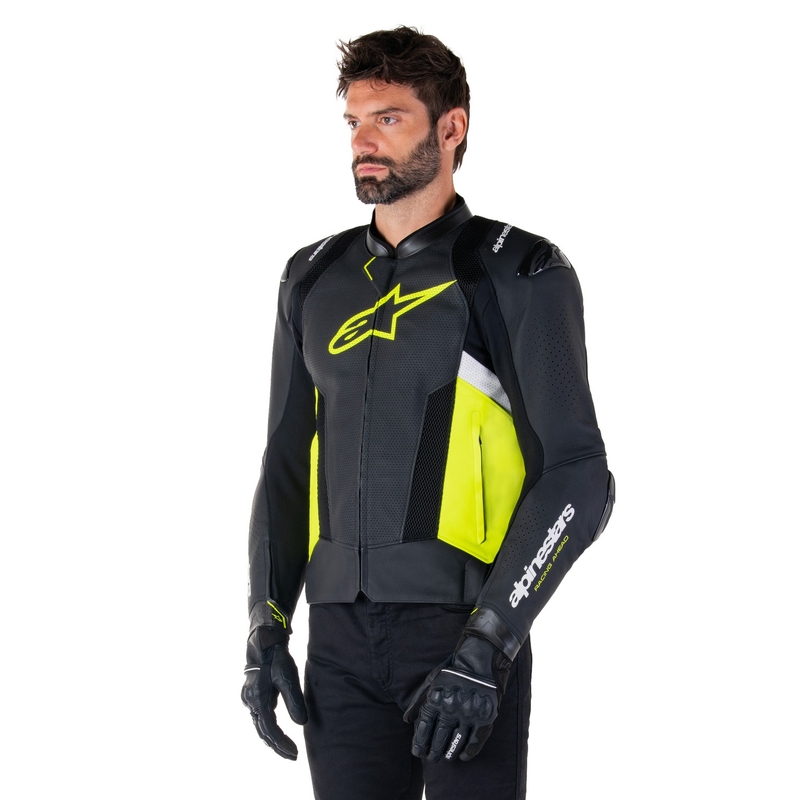 Chaqueta de moto de cuero Alpinestars Missile 3 Airflow negro-amarillo fluo-blanco