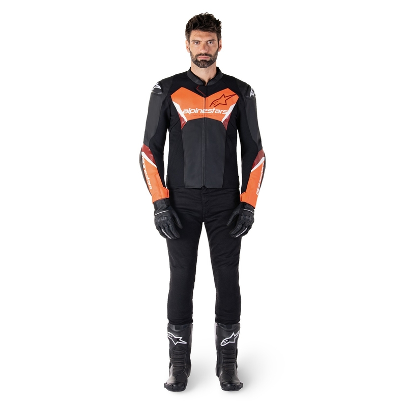 Chaqueta de moto de cuero Alpinestars Faster 3 negro-rojo fluo