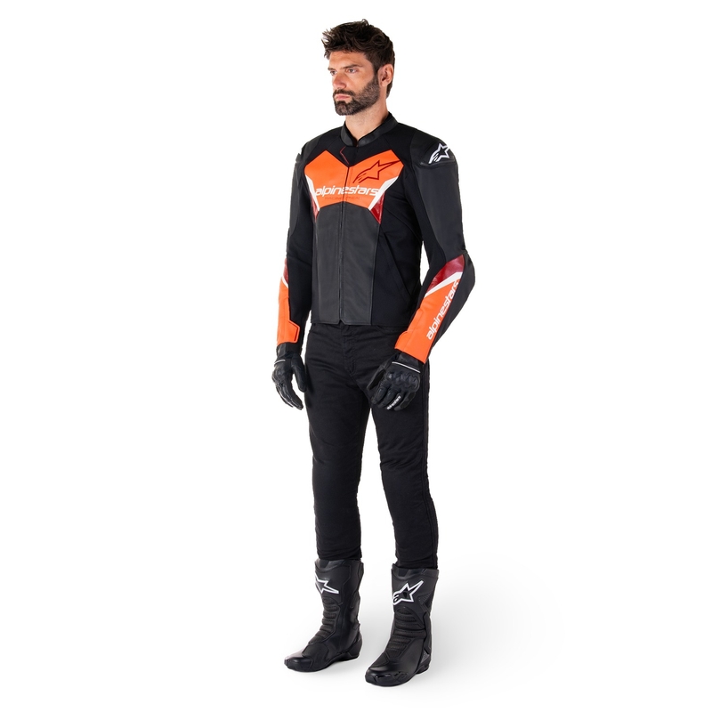 Chaqueta de moto de cuero Alpinestars Faster 3 negro-rojo fluo