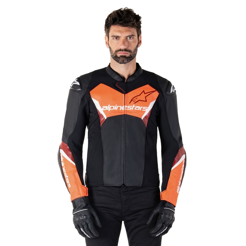 Chaqueta de moto de cuero Alpinestars Faster 3 negro-rojo fluo