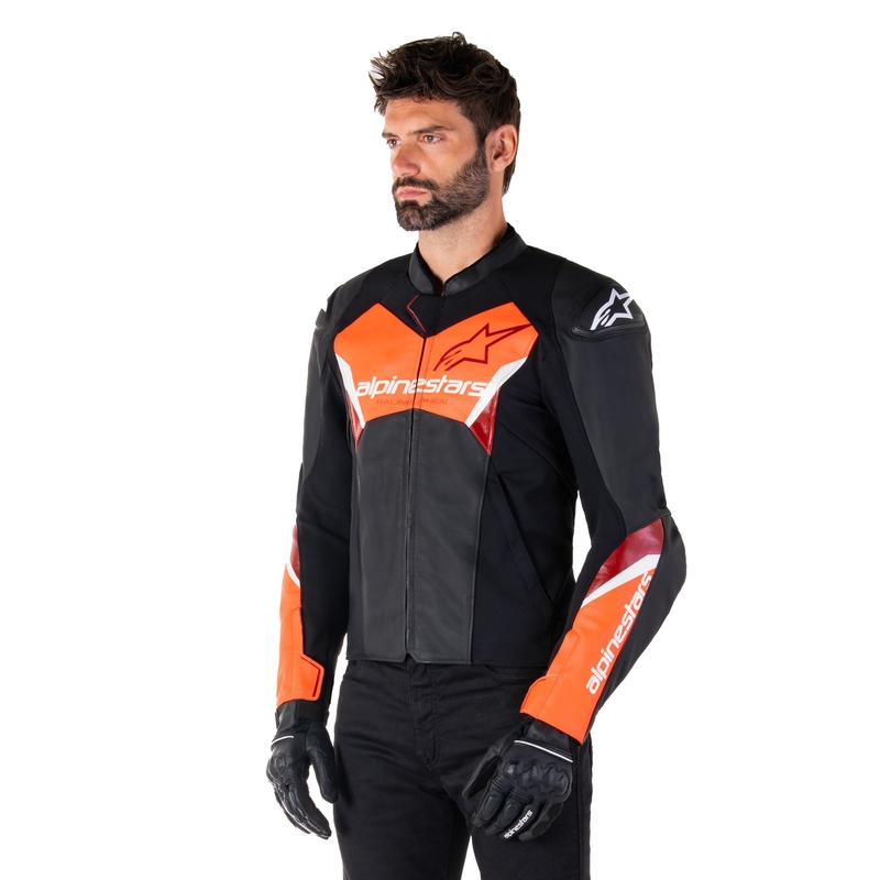 Chaqueta de moto de cuero Alpinestars Faster 3 negro-rojo fluo