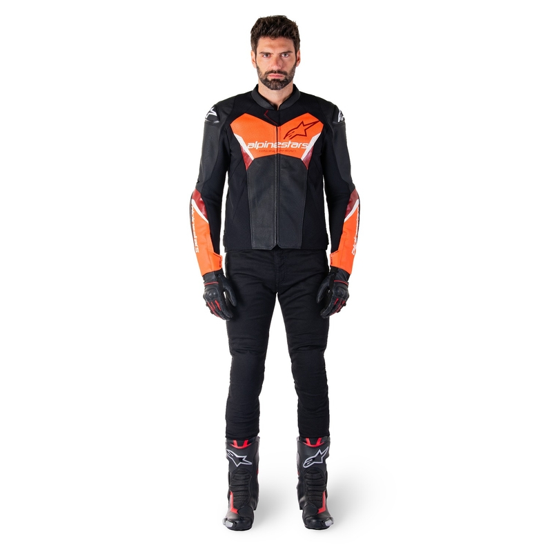 Chaqueta de moto de cuero Alpinestars Faster 3 Airflow negro-rojo fluo