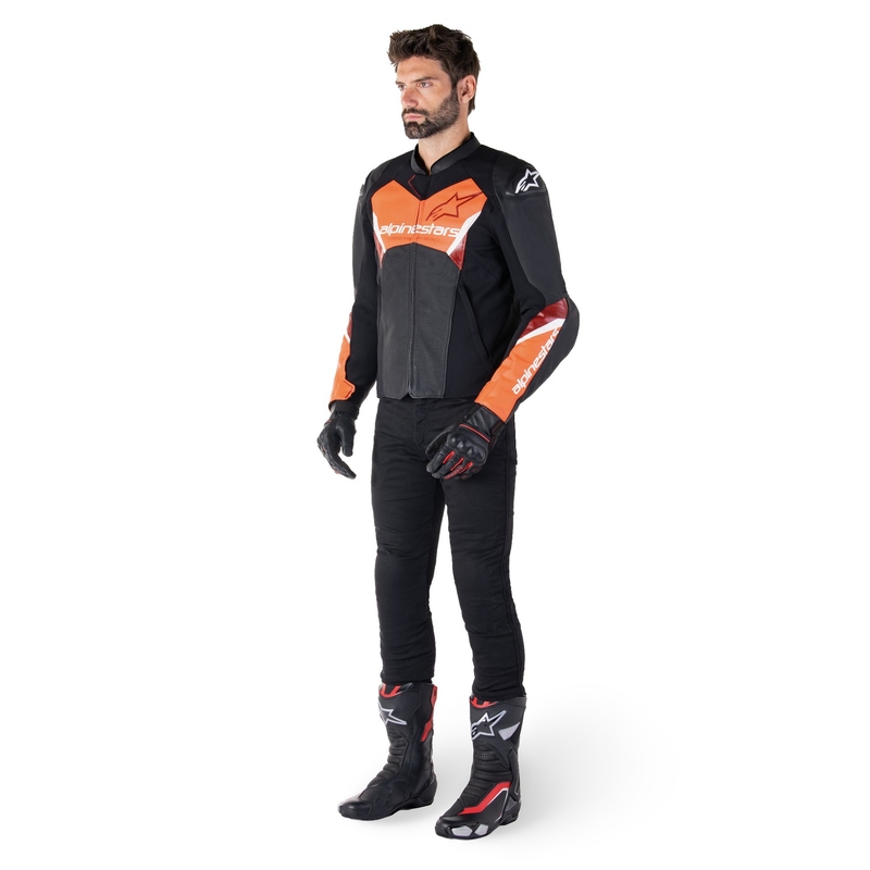 Chaqueta de moto de cuero Alpinestars Faster 3 Airflow negro-rojo fluo