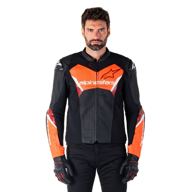 Chaqueta de moto de cuero Alpinestars Faster 3 Airflow negro-rojo fluo
