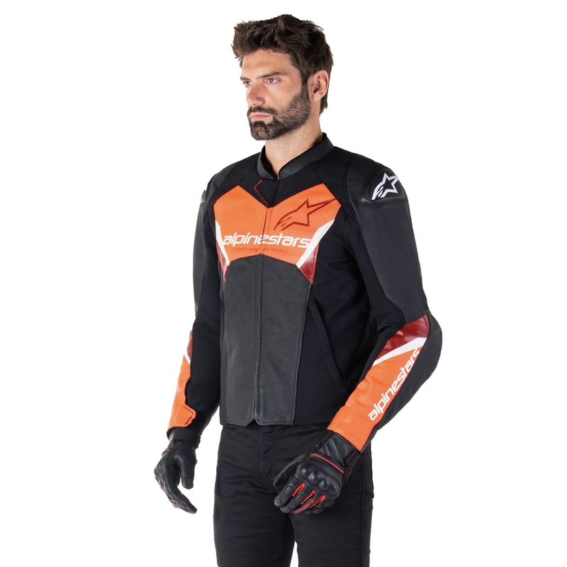 Chaqueta de moto de cuero Alpinestars Faster 3 Airflow negro-rojo fluo