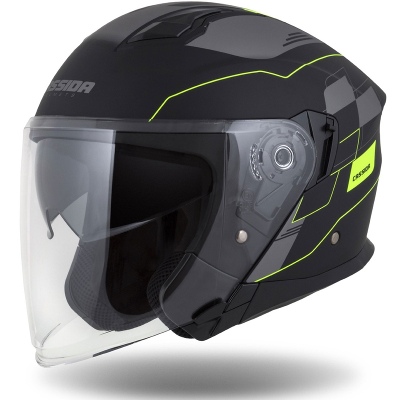 Casco de moto Cassida Jet Tech Roxor abierto negro-gris-amarillo fluo mate liquidación