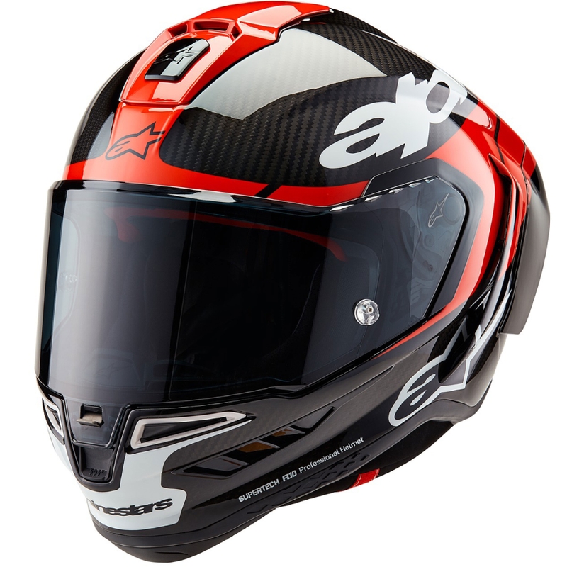 Casco integral de moto Alpinestars Supertech R-10 Element de carbono flúor, rojo y blanco.