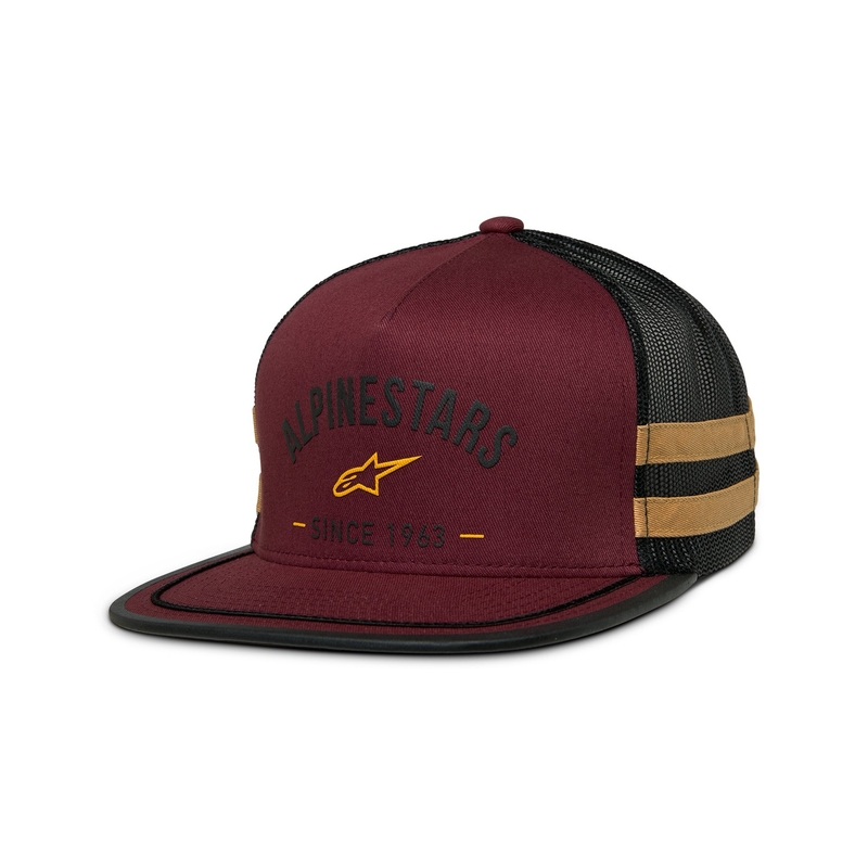 Gorra de camionero Alpinestars Backline en color rojo ladrillo, negro y dorado
