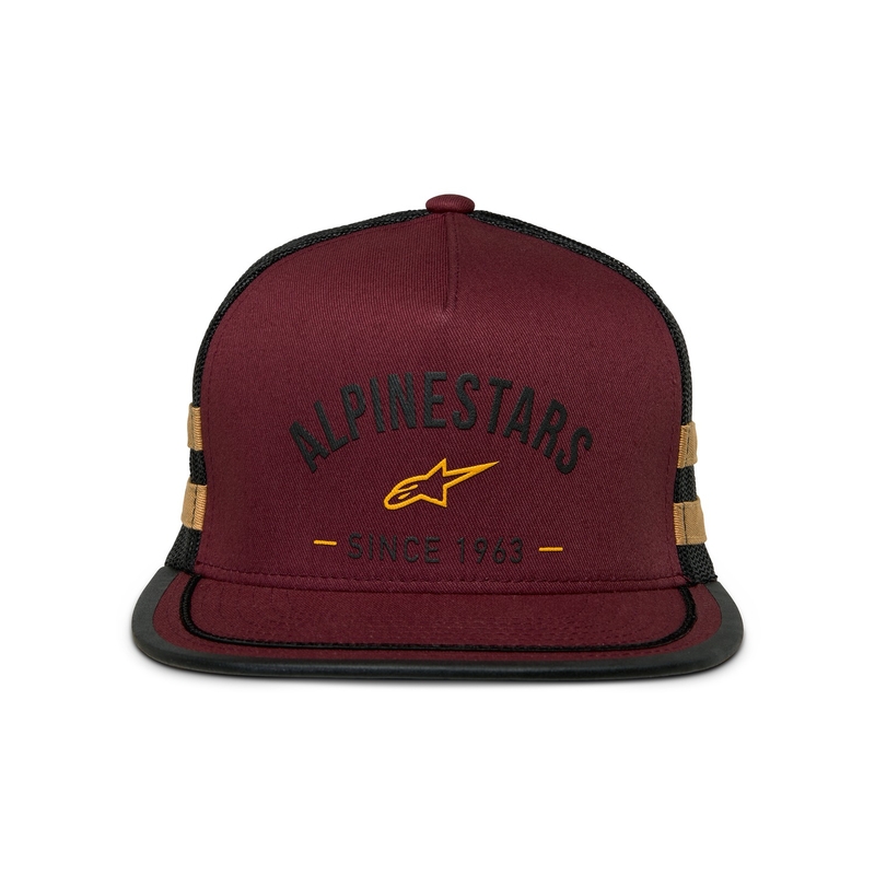Gorra de camionero Alpinestars Backline en color rojo ladrillo, negro y dorado