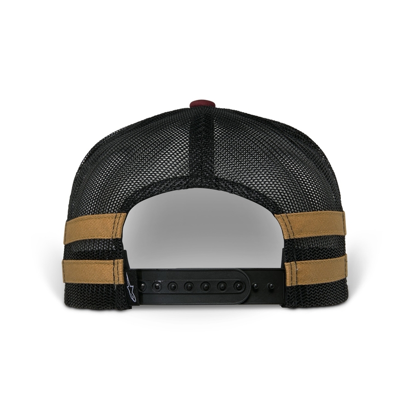 Gorra de camionero Alpinestars Backline en color rojo ladrillo, negro y dorado