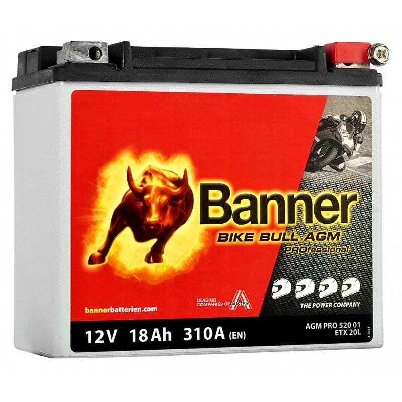 Batería para moto sin mantenimiento Banner Bike Bull AGM PRO 520 01/BETX20L - ETX20L 12V, 18Ah, 310A