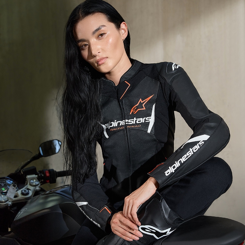 Chaqueta moto de cuero mujer Alpinestars Stella Faster 3 negro-blanco-rojo fluo