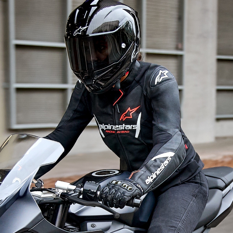 Chaqueta moto de cuero mujer Alpinestars Stella Faster 3 negro-blanco-rojo fluo