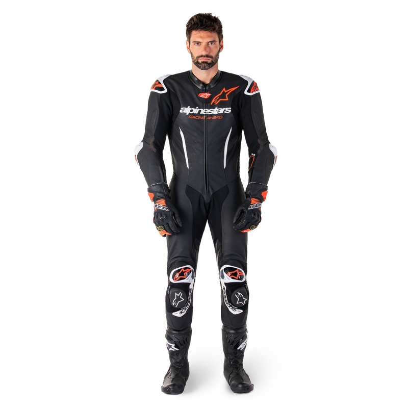 Mono de moto Alpinestars GP-R7 Tech-Air ready/compatible de una pieza de cuero negro-blanco-rojo fluo