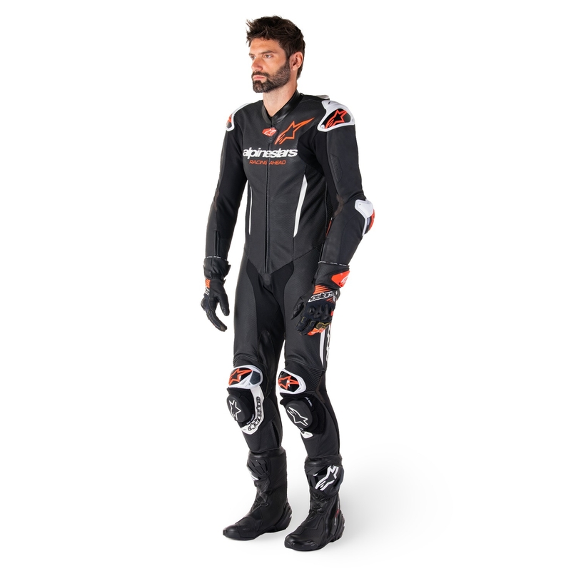 Mono de moto Alpinestars GP-R7 Tech-Air ready/compatible de una pieza de cuero negro-blanco-rojo fluo