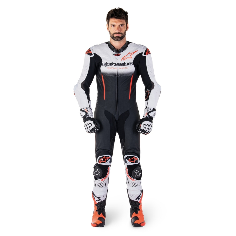 Mono de cuero Alpinestars GP-R7 Tech-Air Ready/Compatible Blanco-Negro-Rojo Fluo