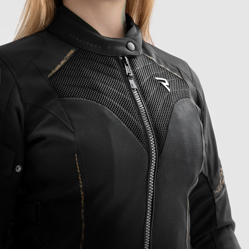 Chaqueta de moto Rebelhorn Jax para mujer negra y dorada