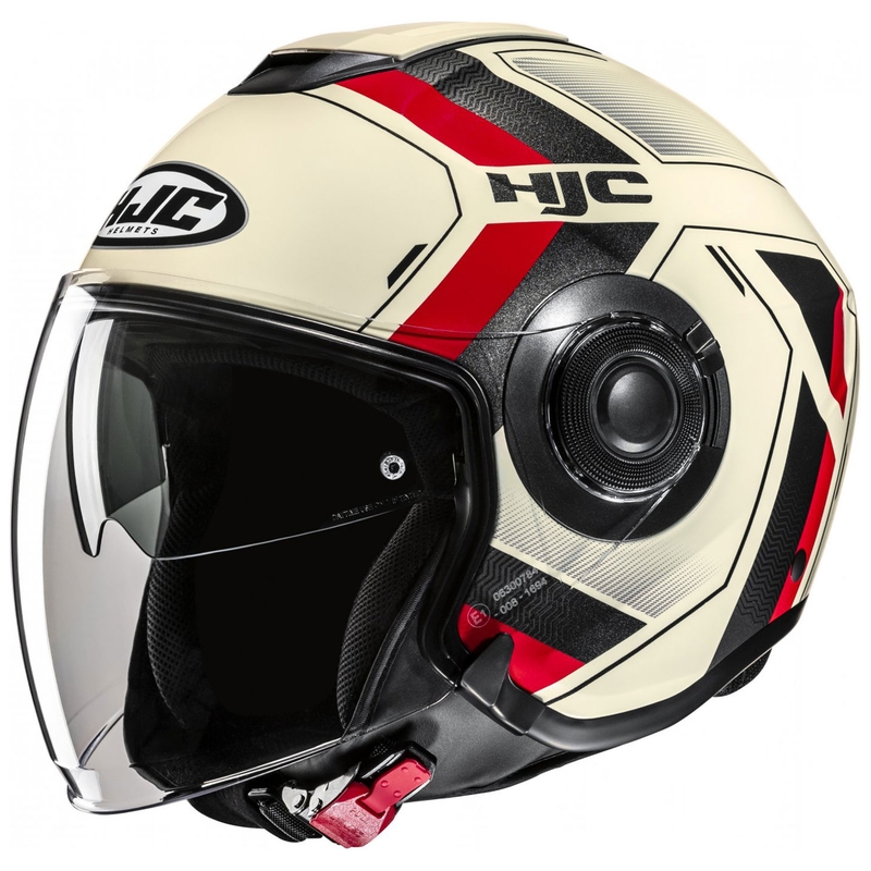 Casco de moto abierto HJC i40N Velu MC1 beige-negro-rojo