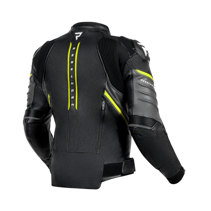 Chaqueta de moto de cuero Rebelhorn Veloce negro-gris-amarillo fluo