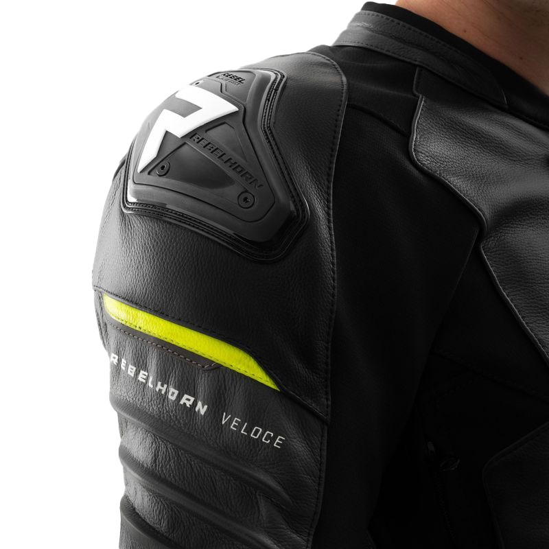 Chaqueta de moto de cuero Rebelhorn Veloce negro-gris-amarillo fluo