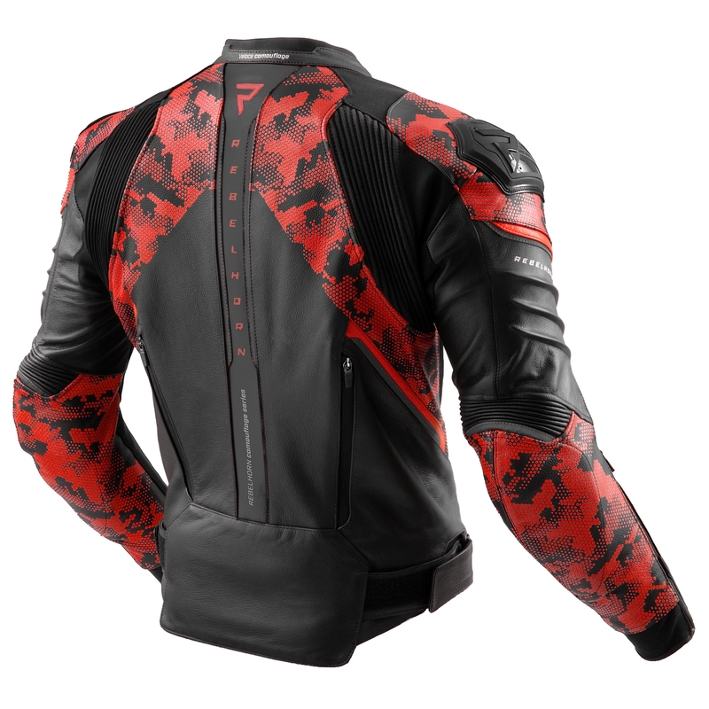 Chaqueta de cuero para moto Rebelhorn Veloce negro-camo rojo