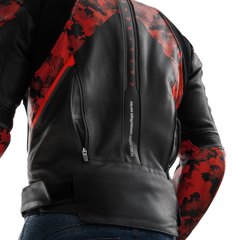 Chaqueta de cuero para moto Rebelhorn Veloce negro-camo rojo