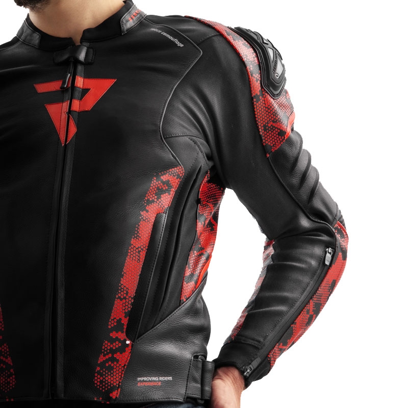 Chaqueta de cuero para moto Rebelhorn Veloce negro-camo rojo