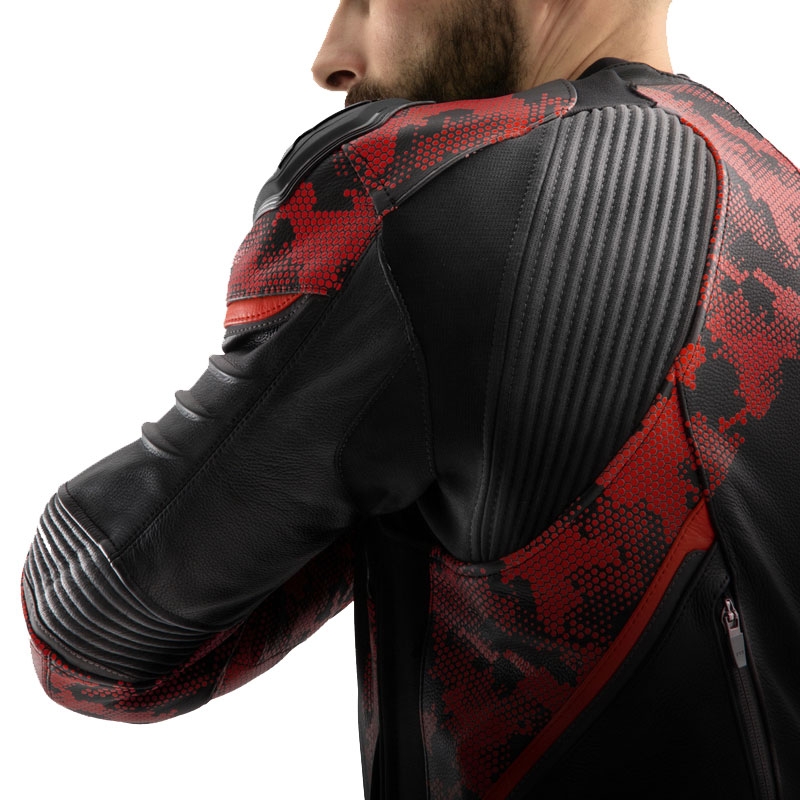 Chaqueta de cuero para moto Rebelhorn Veloce negro-camo rojo