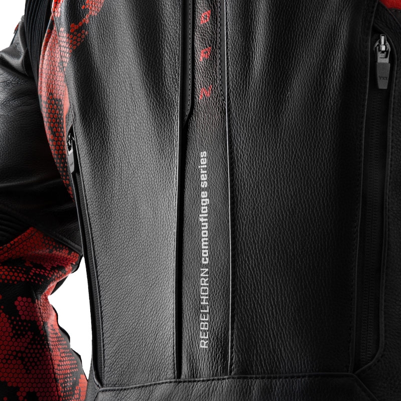 Chaqueta de cuero para moto Rebelhorn Veloce negro-camo rojo