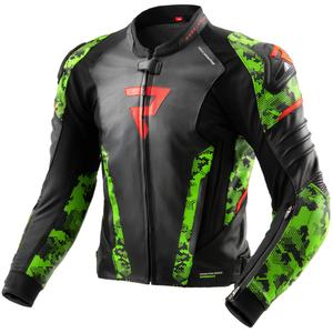 Chaqueta de cuero para moto Rebelhorn Veloce negro-verde camo-rojo fluo