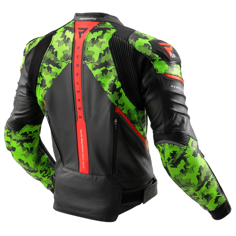 Chaqueta de cuero para moto Rebelhorn Veloce negro-verde camo-rojo fluo