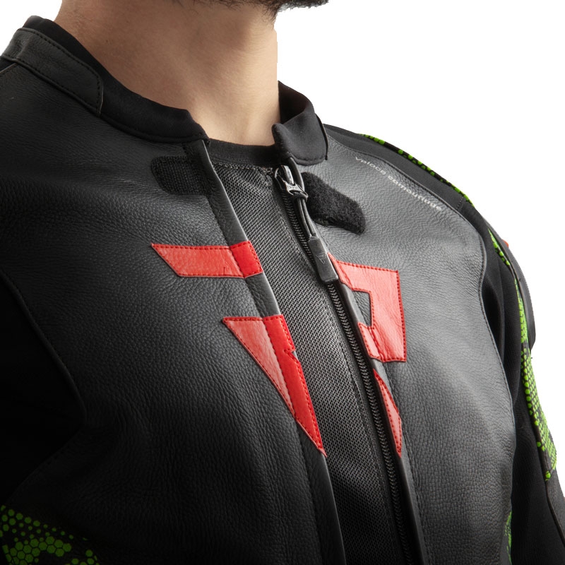 Chaqueta de cuero para moto Rebelhorn Veloce negro-verde camo-rojo fluo