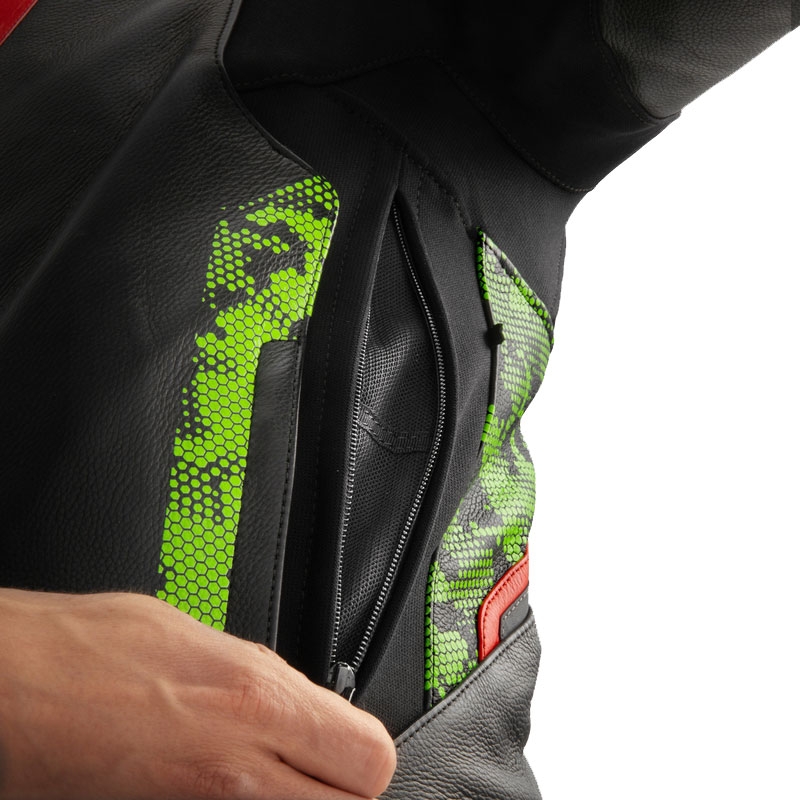 Chaqueta de cuero para moto Rebelhorn Veloce negro-verde camo-rojo fluo