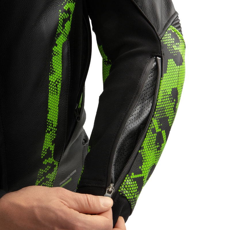 Chaqueta de cuero para moto Rebelhorn Veloce negro-verde camo-rojo fluo