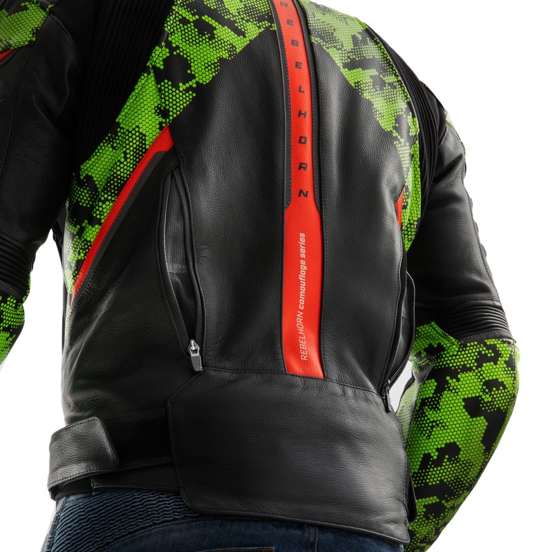 Chaqueta de cuero para moto Rebelhorn Veloce negro-verde camo-rojo fluo