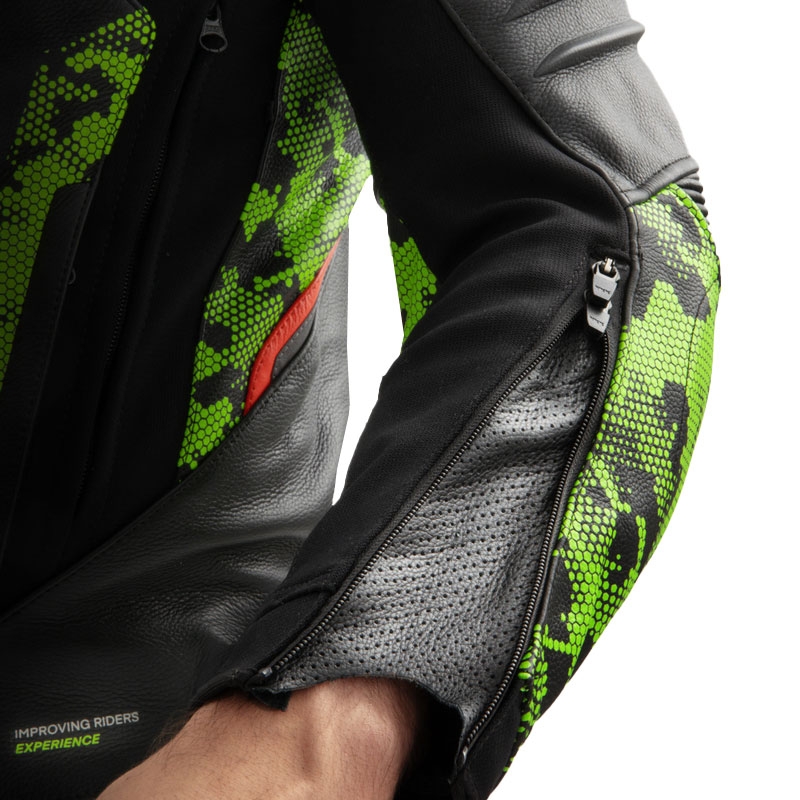 Chaqueta de cuero para moto Rebelhorn Veloce negro-verde camo-rojo fluo