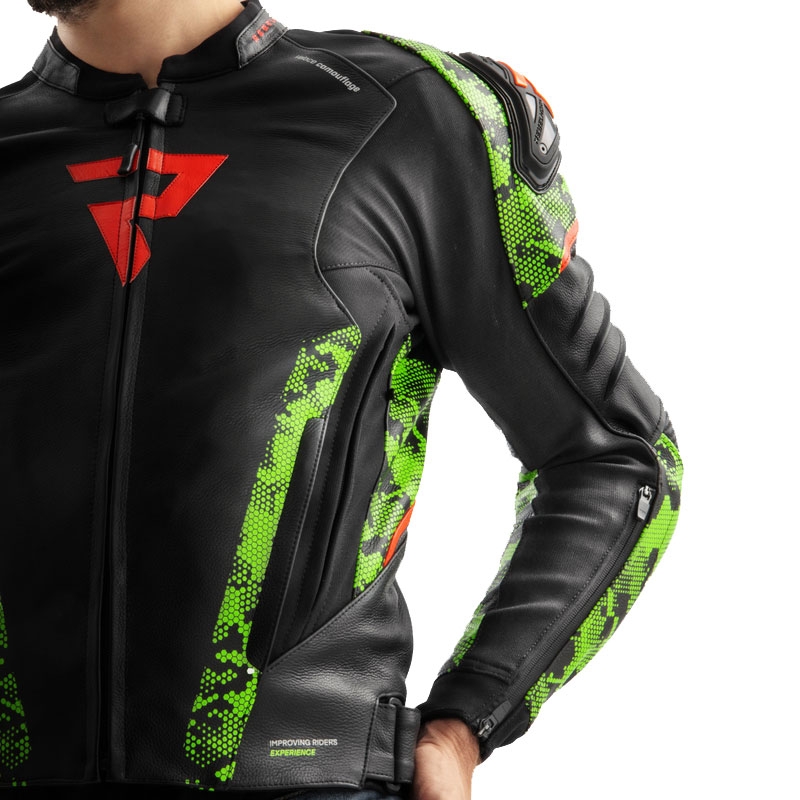 Chaqueta de cuero para moto Rebelhorn Veloce negro-verde camo-rojo fluo