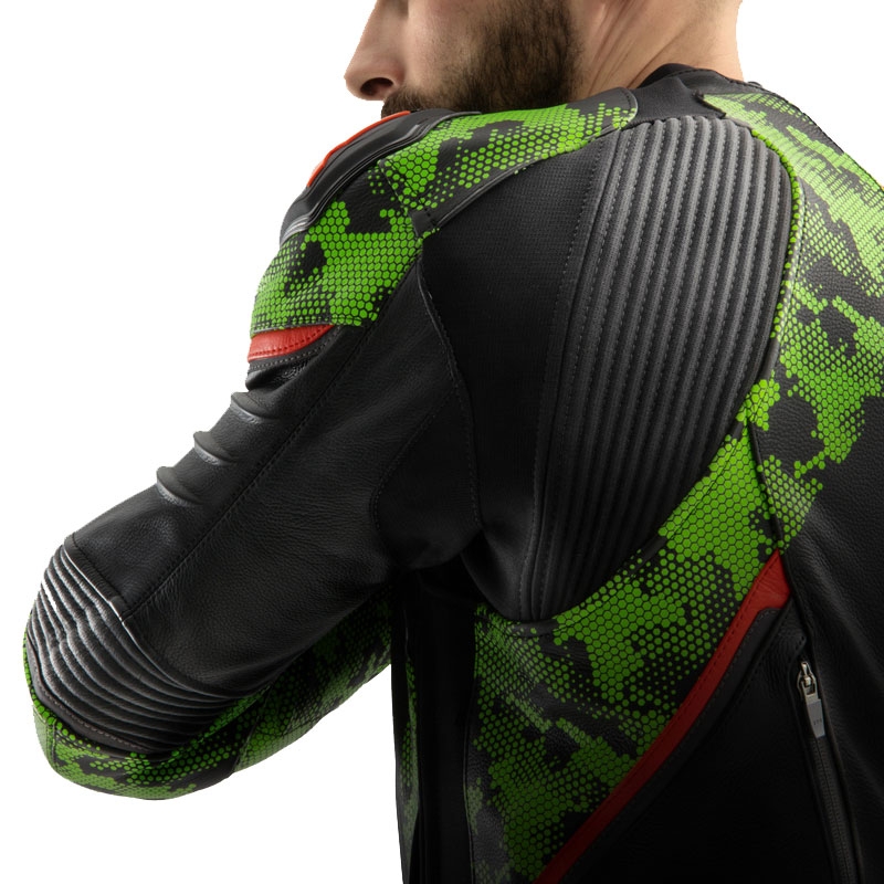 Chaqueta de cuero para moto Rebelhorn Veloce negro-verde camo-rojo fluo