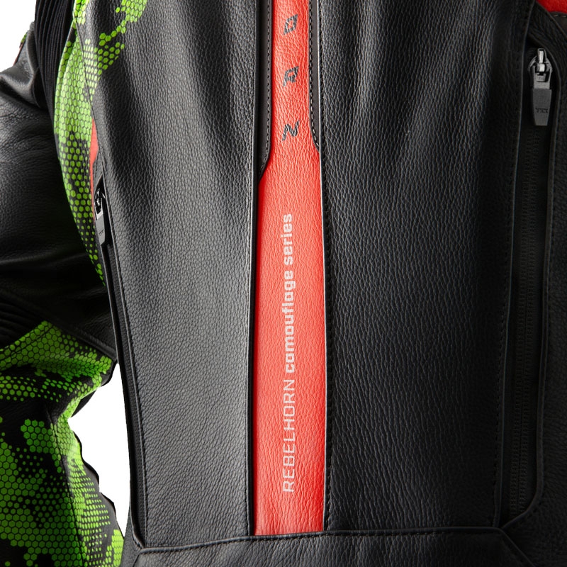 Chaqueta de cuero para moto Rebelhorn Veloce negro-verde camo-rojo fluo