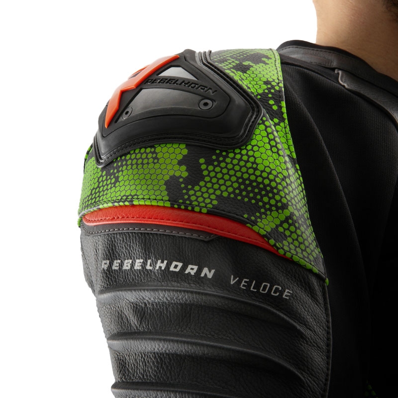 Chaqueta de cuero para moto Rebelhorn Veloce negro-verde camo-rojo fluo
