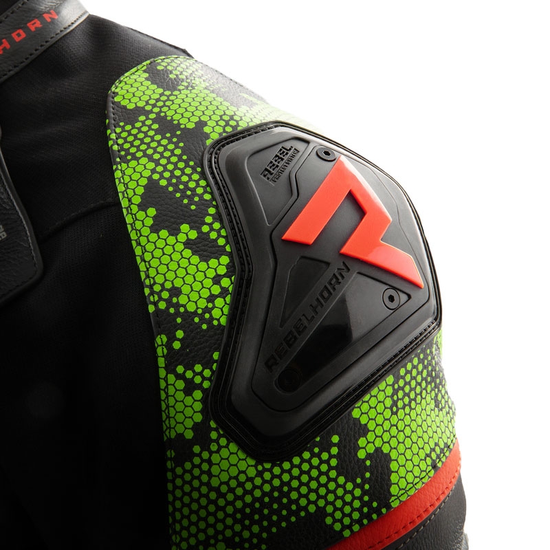 Chaqueta de cuero para moto Rebelhorn Veloce negro-verde camo-rojo fluo